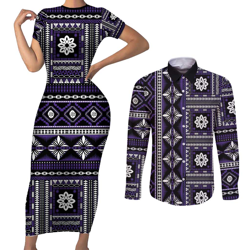 Fiji Masi Tapa Pattern Purple Couples Matching Short Sleeve Bodycon Dress and Long Sleeve Button Shirt - Polynesian Pride