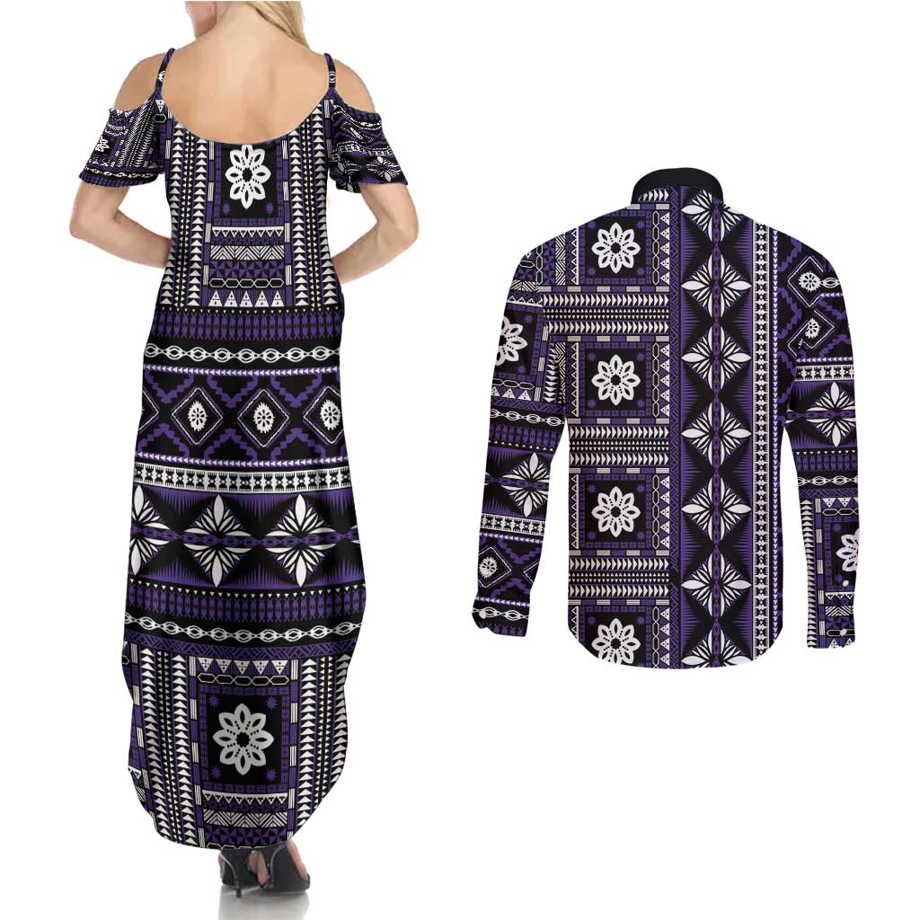 Fiji Masi Tapa Pattern Purple Couples Matching Summer Maxi Dress and Long Sleeve Button Shirt - Polynesian Pride
