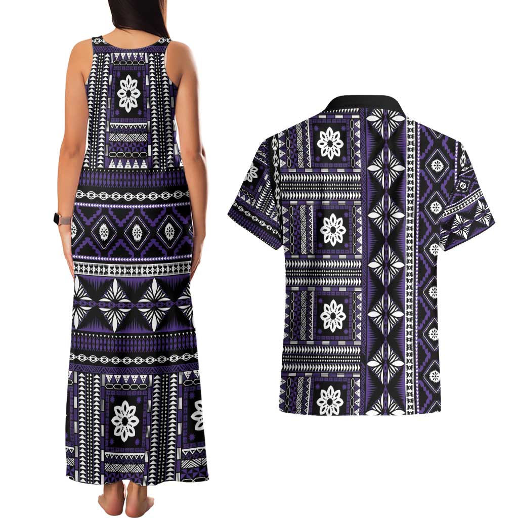 Fiji Masi Tapa Pattern Purple Couples Matching Tank Maxi Dress and Hawaiian Shirt - Polynesian Pride
