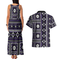Fiji Masi Tapa Pattern Purple Couples Matching Tank Maxi Dress and Hawaiian Shirt - Polynesian Pride