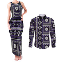 Fiji Masi Tapa Pattern Purple Couples Matching Tank Maxi Dress and Long Sleeve Button Shirt - Polynesian Pride