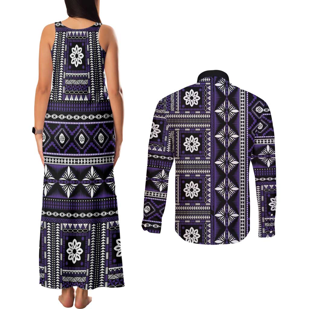 Fiji Masi Tapa Pattern Purple Couples Matching Tank Maxi Dress and Long Sleeve Button Shirt - Polynesian Pride