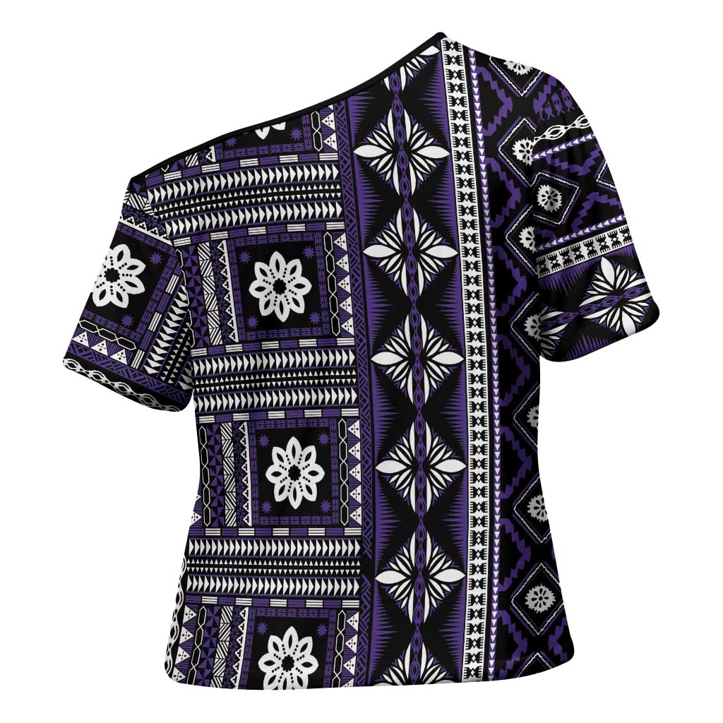 Fiji Masi Tapa Pattern Purple Cross Shoulder Shirt - Polynesian Pride