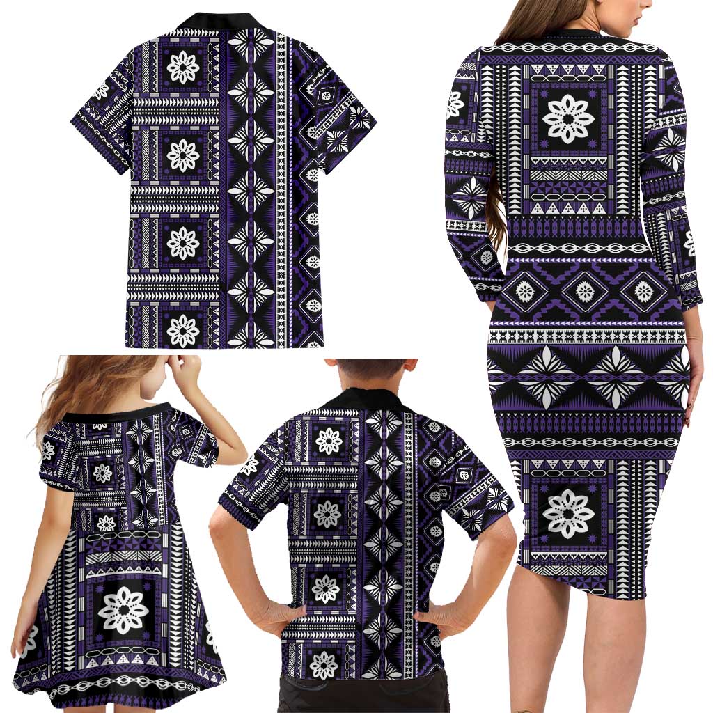 Fiji Masi Tapa Pattern Purple Family Matching Long Sleeve Bodycon Dress and Hawaiian Shirt - Polynesian Pride