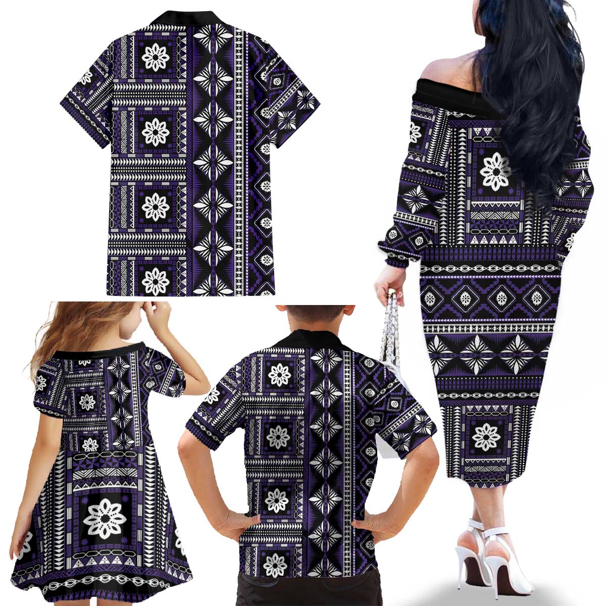 Fiji Masi Tapa Pattern Purple Family Matching Off The Shoulder Long Sleeve Dress and Hawaiian Shirt - Polynesian Pride