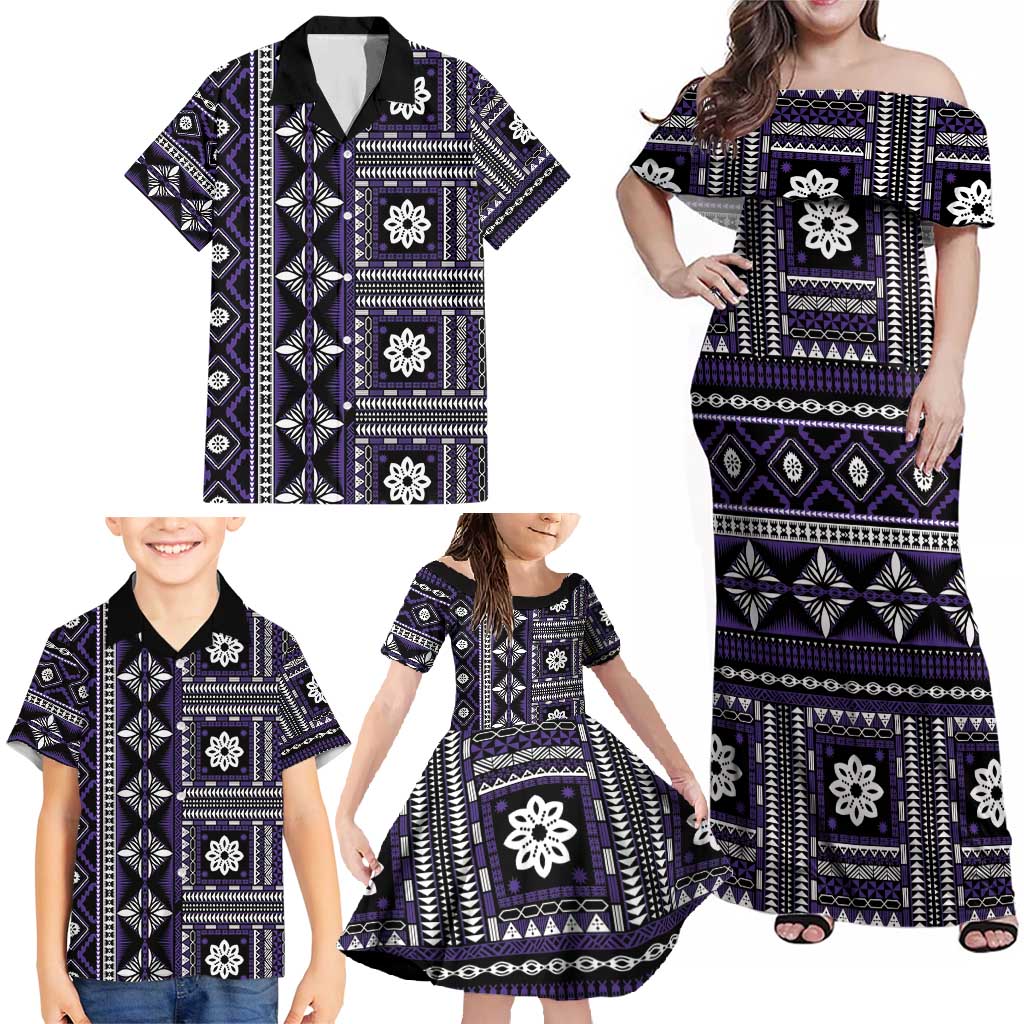 Fiji Masi Tapa Pattern Purple Family Matching Off Shoulder Maxi Dress and Hawaiian Shirt - Polynesian Pride