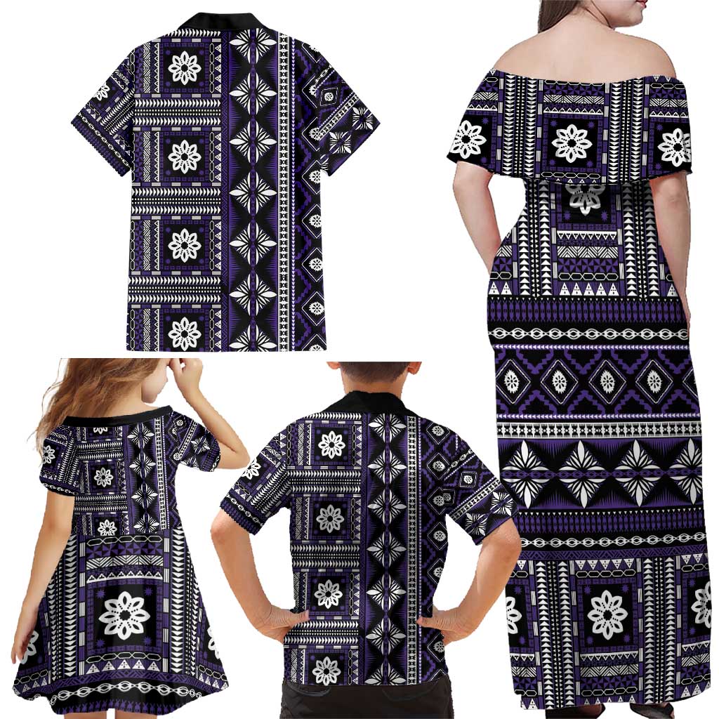 Fiji Masi Tapa Pattern Purple Family Matching Off Shoulder Maxi Dress and Hawaiian Shirt - Polynesian Pride