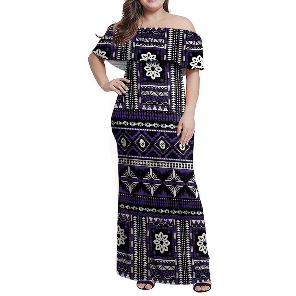 Fiji Masi Tapa Pattern Purple Family Matching Off Shoulder Maxi Dress and Hawaiian Shirt - Polynesian Pride