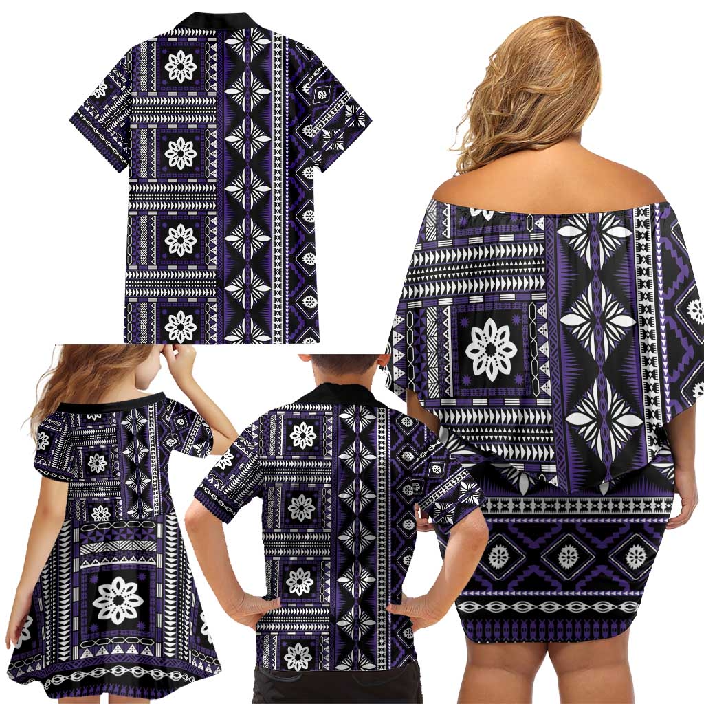Fiji Masi Tapa Pattern Purple Family Matching Off Shoulder Short Dress and Hawaiian Shirt - Polynesian Pride