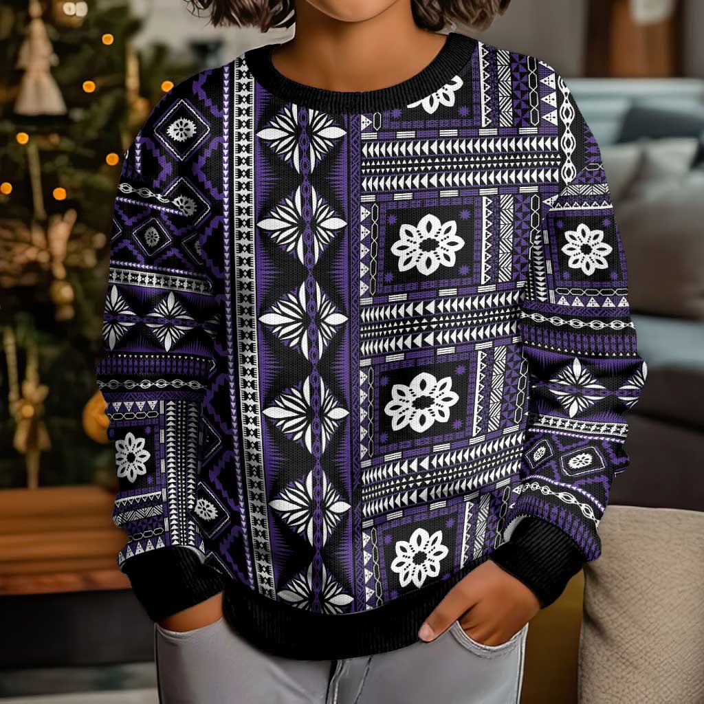 Fiji Masi Tapa Pattern Purple Kid Ugly Christmas Sweater - Polynesian Pride