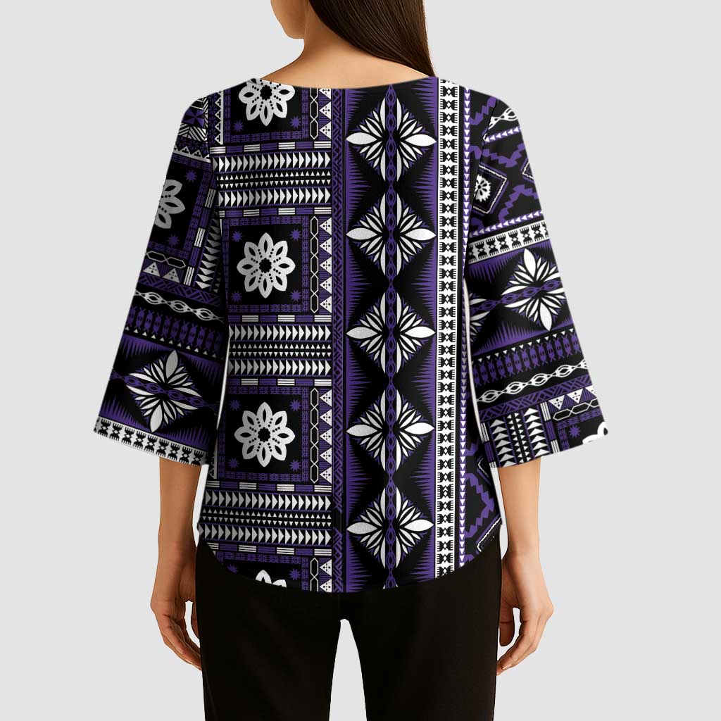 Fiji Masi Tapa Pattern Purple Kimono Sleeve Blouse - Polynesian Pride