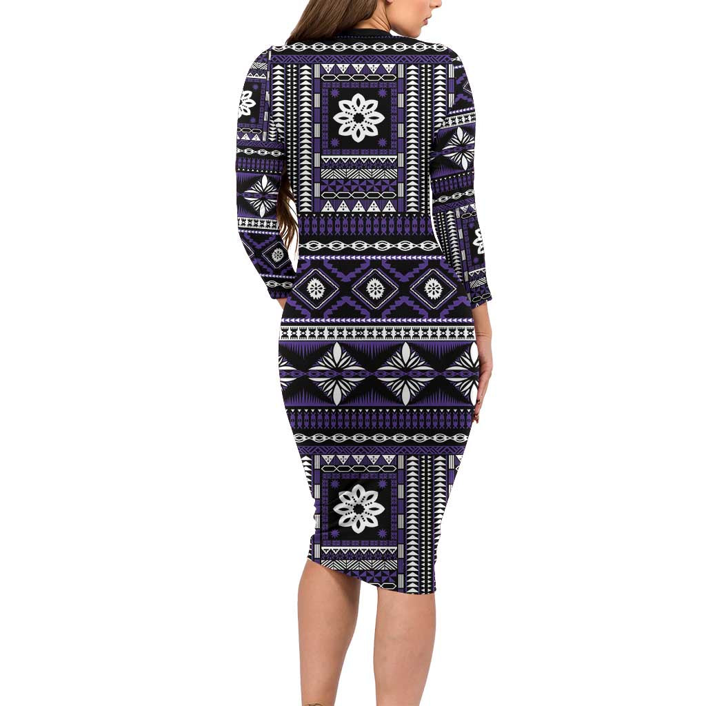 Fiji Masi Tapa Pattern Purple Long Sleeve Bodycon Dress - Polynesian Pride