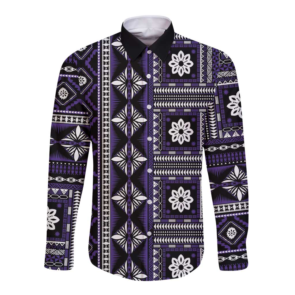 Fiji Masi Tapa Pattern Purple Long Sleeve Button Shirt - Polynesian Pride