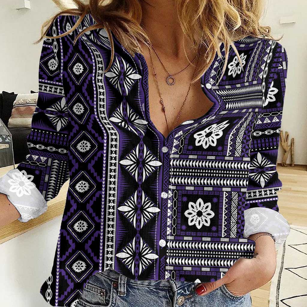 Fiji Masi Tapa Pattern Purple Women Casual Shirt - Polynesian Pride