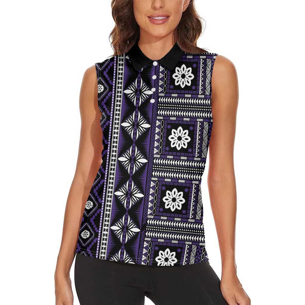 Fiji Masi Tapa Pattern Purple Women Sleeveless Polo Shirt - Polynesian Pride
