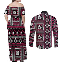 Fiji Masi Tapa Pattern Pink Couples Matching Off Shoulder Maxi Dress and Long Sleeve Button Shirt - Polynesian Pride