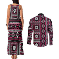 Fiji Masi Tapa Pattern Pink Couples Matching Tank Maxi Dress and Long Sleeve Button Shirt - Polynesian Pride