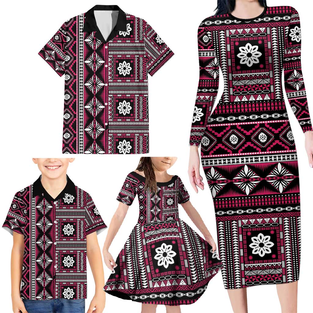 Fiji Masi Tapa Pattern Pink Family Matching Long Sleeve Bodycon Dress and Hawaiian Shirt - Polynesian Pride