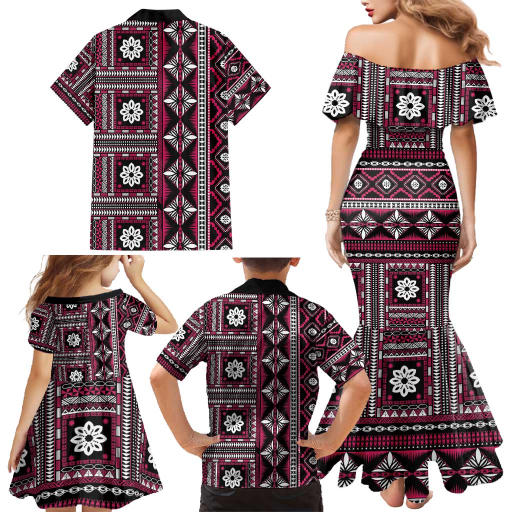 Fiji Masi Tapa Pattern Pink Family Matching Mermaid Dress and Hawaiian Shirt - Polynesian Pride