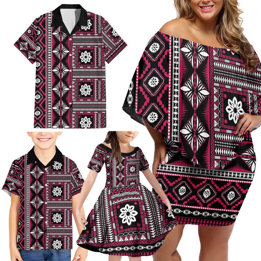 Fiji Masi Tapa Pattern Pink Family Matching Off Shoulder Short Dress and Hawaiian Shirt - Polynesian Pride