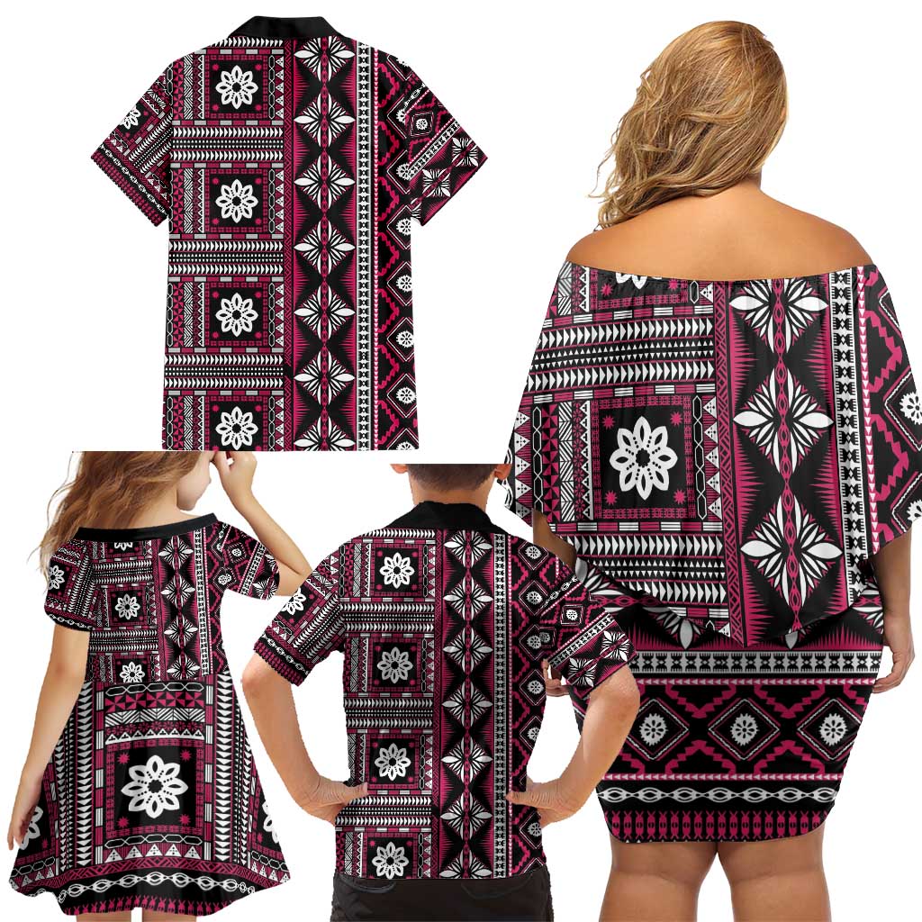 Fiji Masi Tapa Pattern Pink Family Matching Off Shoulder Short Dress and Hawaiian Shirt - Polynesian Pride
