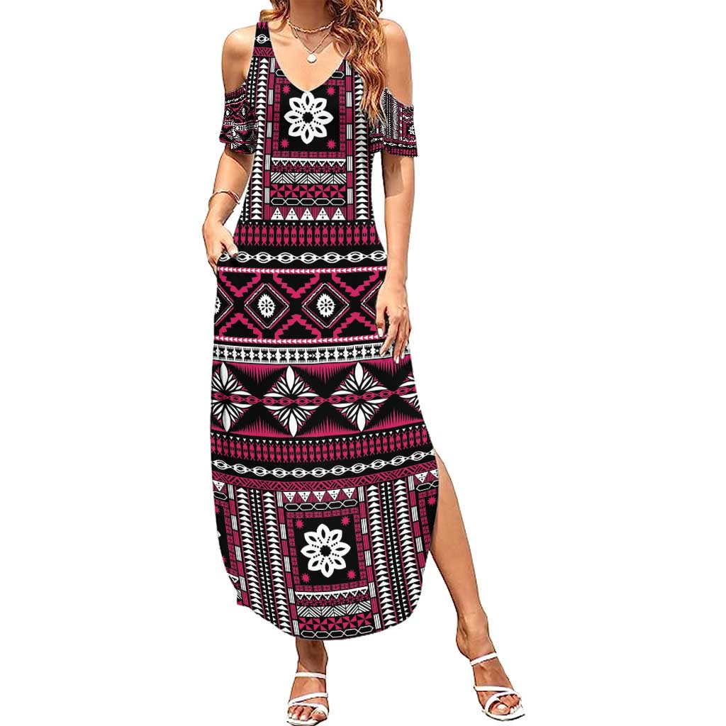 Fiji Masi Tapa Pattern Pink Family Matching Summer Maxi Dress and Hawaiian Shirt - Polynesian Pride