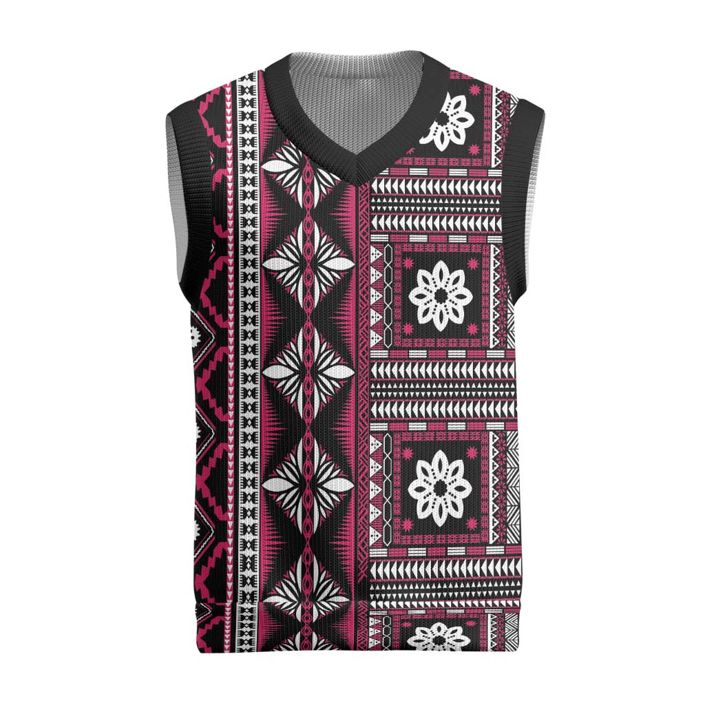 Fiji Masi Tapa Pattern Pink Christmas Knitted V-Neck Vest - Polynesian Pride
