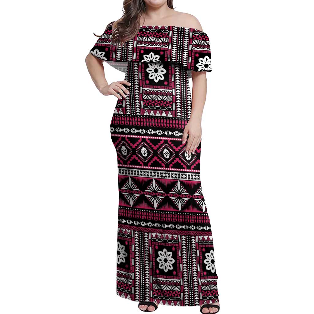Fiji Masi Tapa Pattern Pink Off Shoulder Maxi Dress - Polynesian Pride