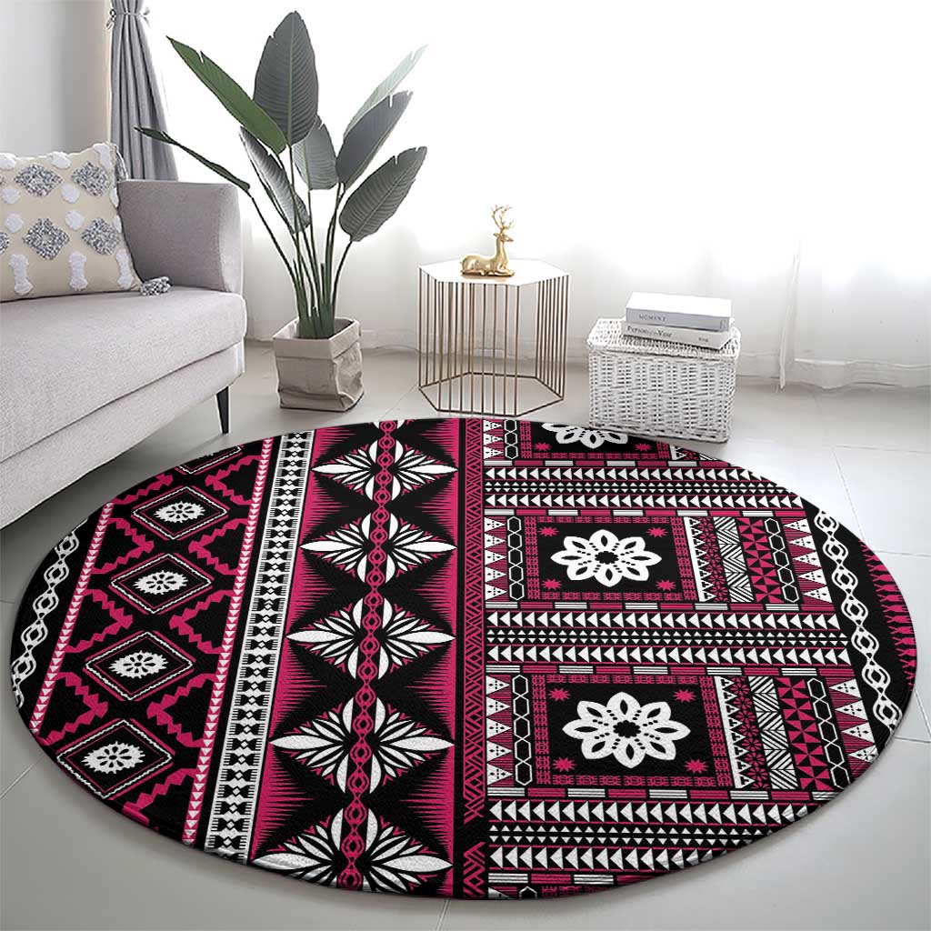 Fiji Masi Tapa Pattern Pink Round Carpet - Polynesian Pride