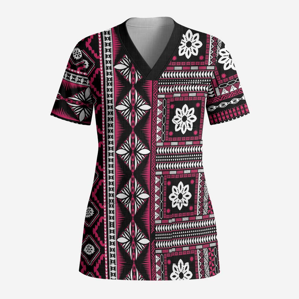 Fiji Masi Tapa Pattern Pink Scrub Top - Polynesian Pride