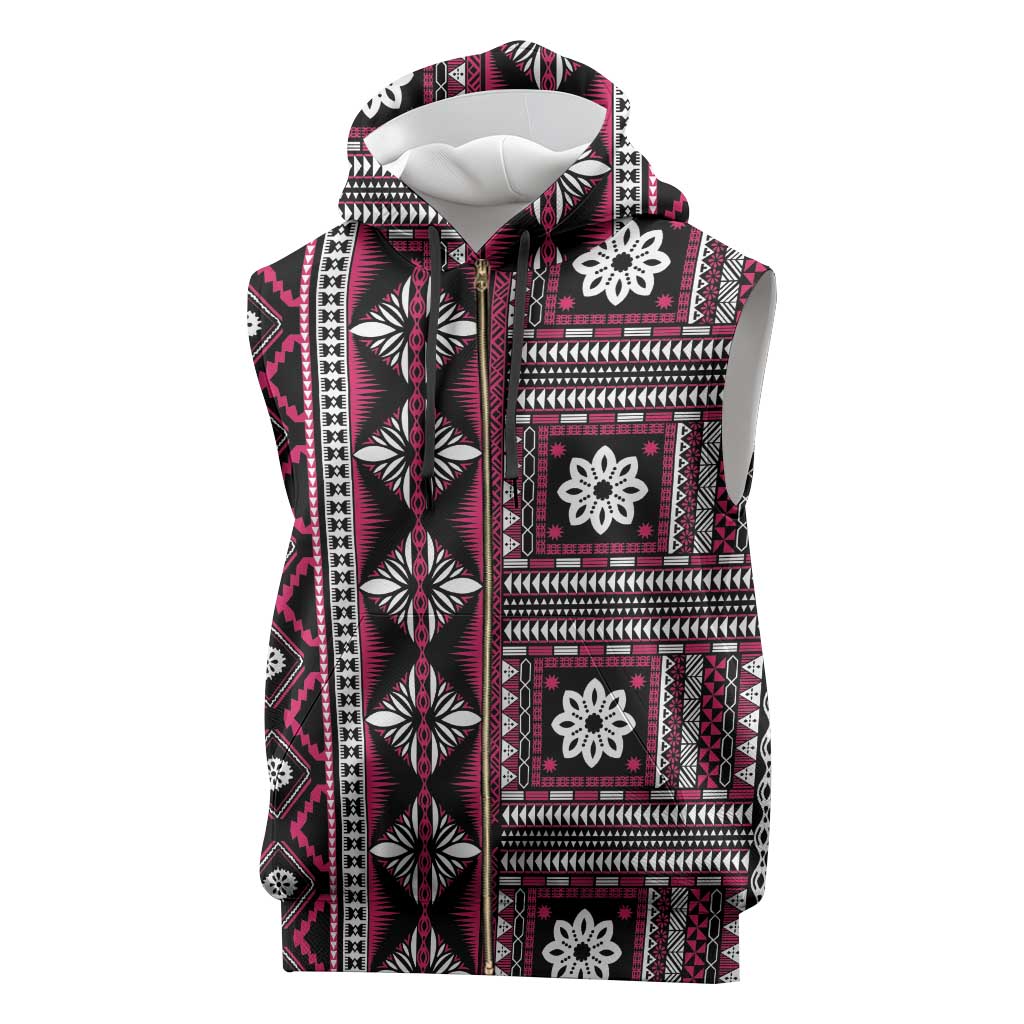 Fiji Masi Tapa Pattern Pink Sleeveless Zip Hoodie - Polynesian Pride