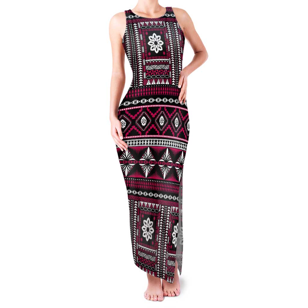 Fiji Masi Tapa Pattern Pink Tank Maxi Dress - Polynesian Pride