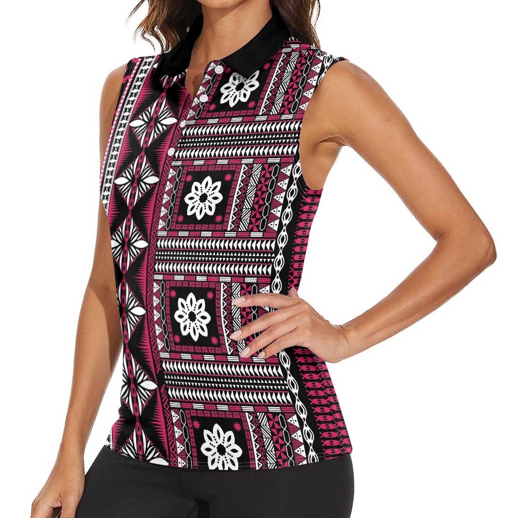 Fiji Masi Tapa Pattern Pink Women Sleeveless Polo Shirt - Polynesian Pride