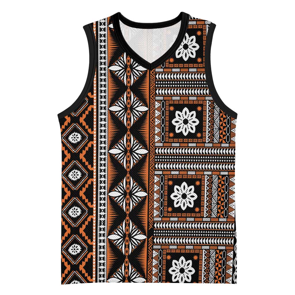 Fiji Masi Tapa Pattern Orange Basketball Jersey - Polynesian Pride