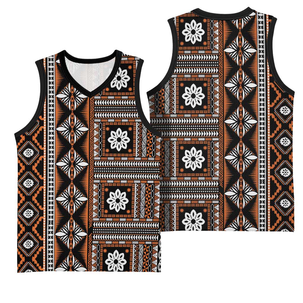 Fiji Masi Tapa Pattern Orange Basketball Jersey - Polynesian Pride
