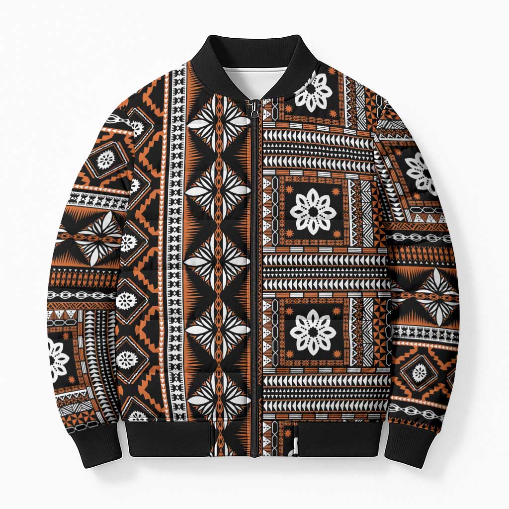 Fiji Masi Tapa Pattern Orange Bomber Puffer Jacket - Polynesian Pride