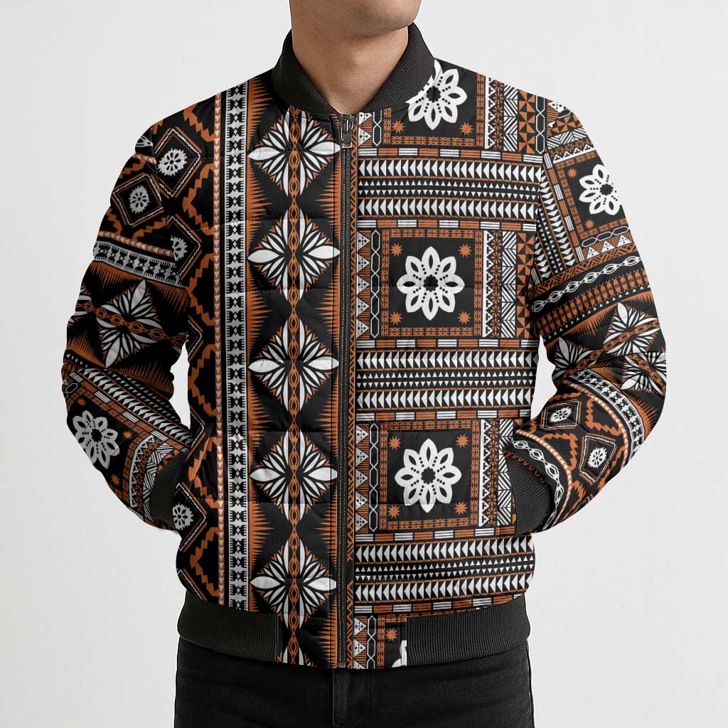 Fiji Masi Tapa Pattern Orange Bomber Puffer Jacket - Polynesian Pride