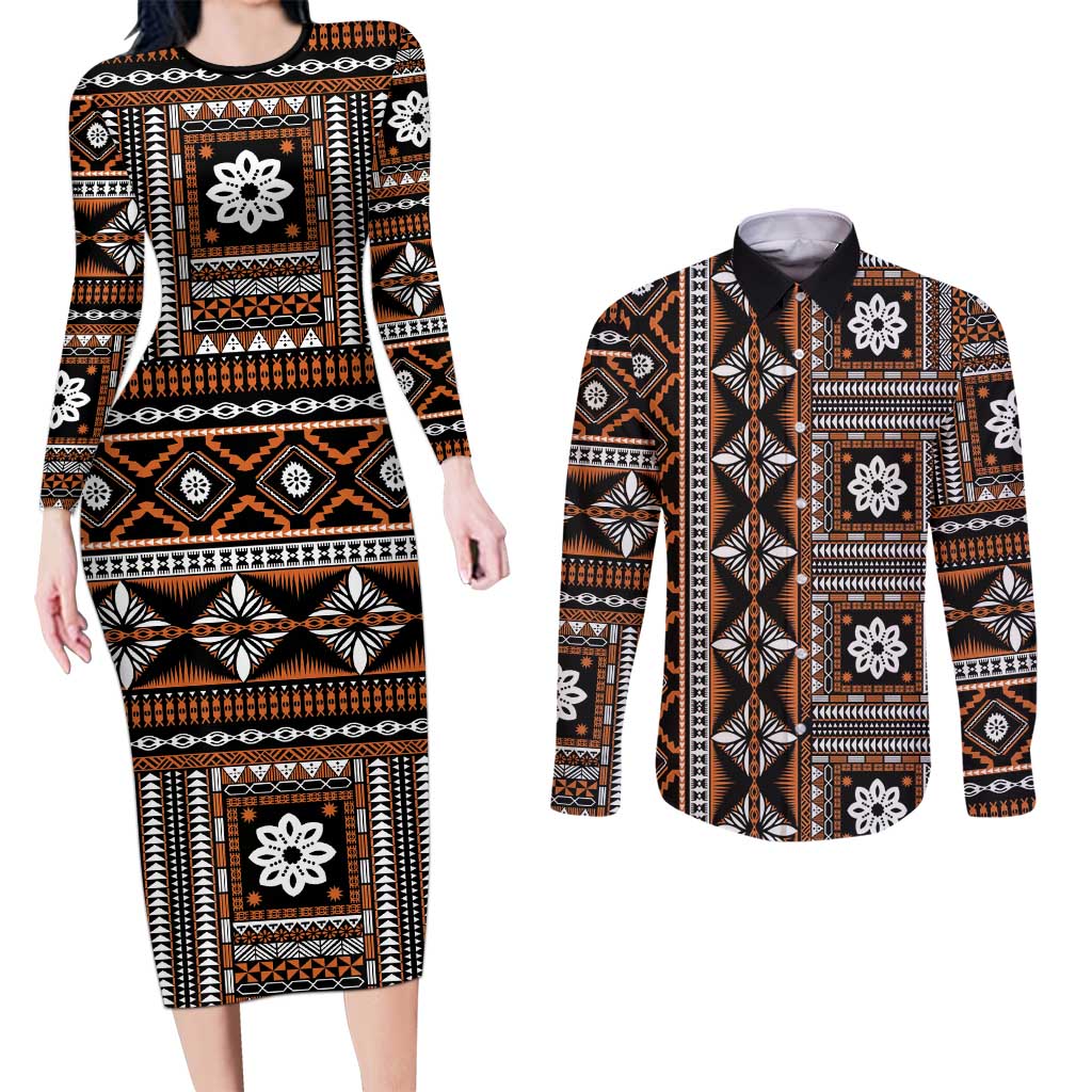 Fiji Masi Tapa Pattern Orange Couples Matching Long Sleeve Bodycon Dress and Long Sleeve Button Shirt - Polynesian Pride