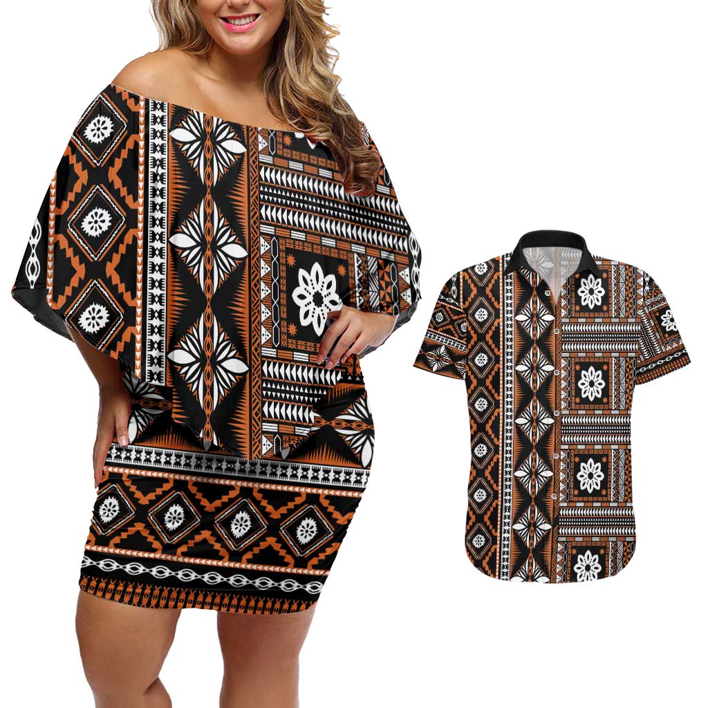 Fiji Masi Tapa Pattern Orange Couples Matching Off Shoulder Short Dress and Hawaiian Shirt - Polynesian Pride