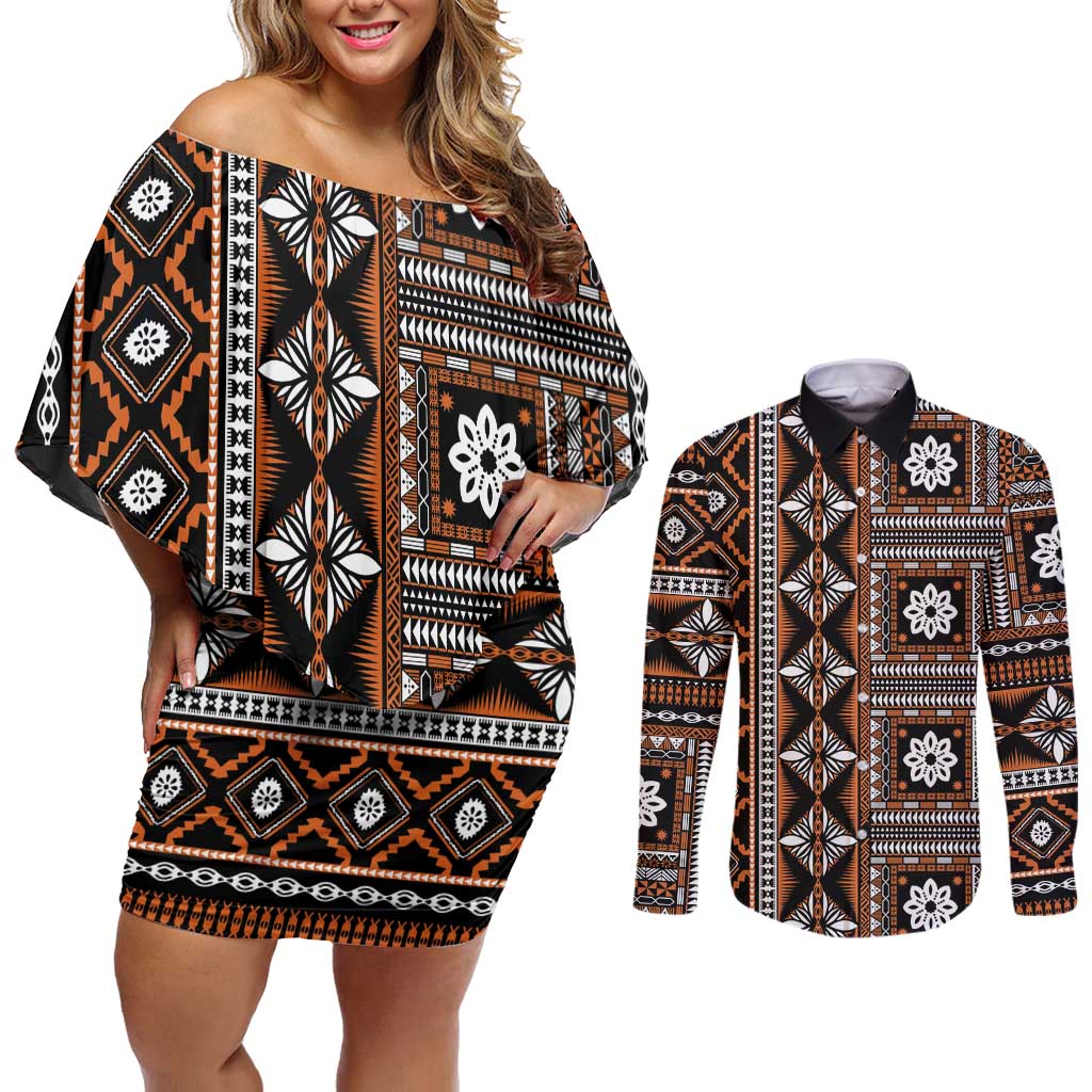 Fiji Masi Tapa Pattern Orange Couples Matching Off Shoulder Short Dress and Long Sleeve Button Shirt - Polynesian Pride