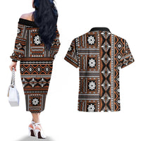 Fiji Masi Tapa Pattern Orange Couples Matching Off The Shoulder Long Sleeve Dress and Hawaiian Shirt - Polynesian Pride
