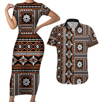 Fiji Masi Tapa Pattern Orange Couples Matching Short Sleeve Bodycon Dress and Hawaiian Shirt - Polynesian Pride