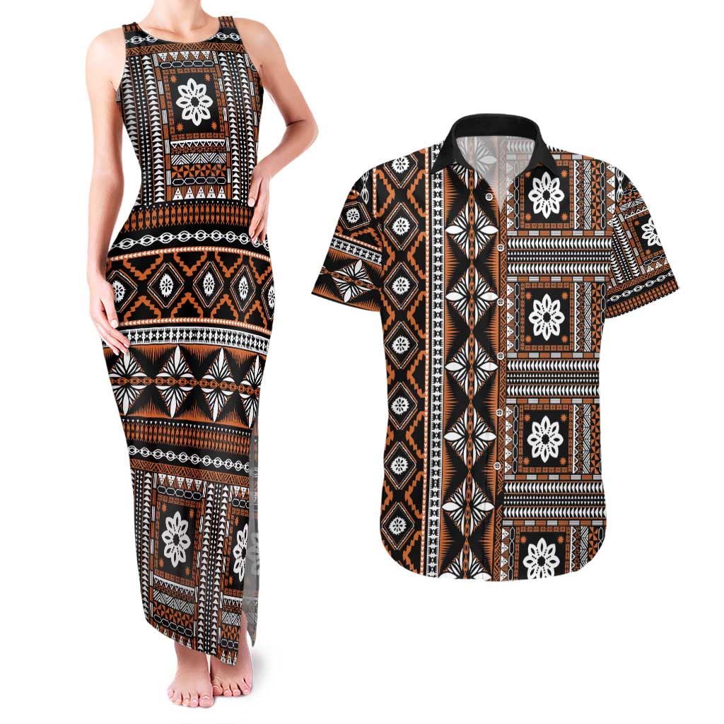Fiji Masi Tapa Pattern Orange Couples Matching Tank Maxi Dress and Hawaiian Shirt - Polynesian Pride