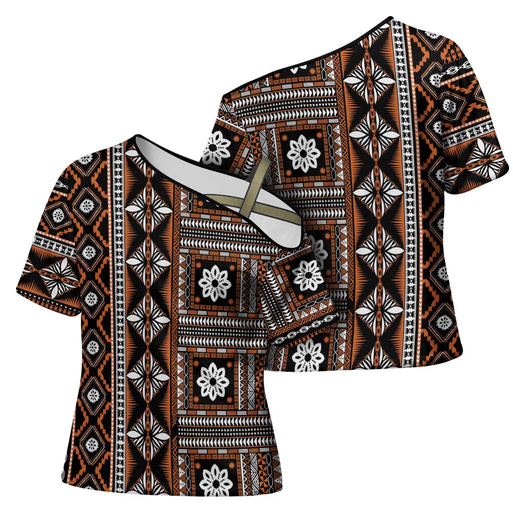 Fiji Masi Tapa Pattern Orange Cross Shoulder Shirt - Polynesian Pride