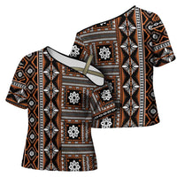 Fiji Masi Tapa Pattern Orange Cross Shoulder Shirt - Polynesian Pride
