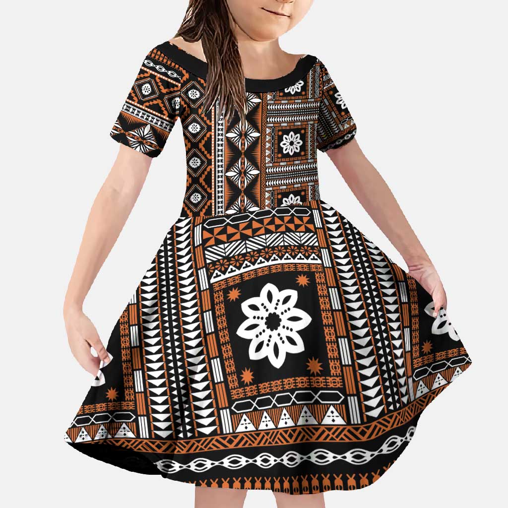 Fiji Masi Tapa Pattern Orange Family Matching Long Sleeve Bodycon Dress and Hawaiian Shirt - Polynesian Pride