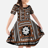 Fiji Masi Tapa Pattern Orange Family Matching Long Sleeve Bodycon Dress and Hawaiian Shirt - Polynesian Pride