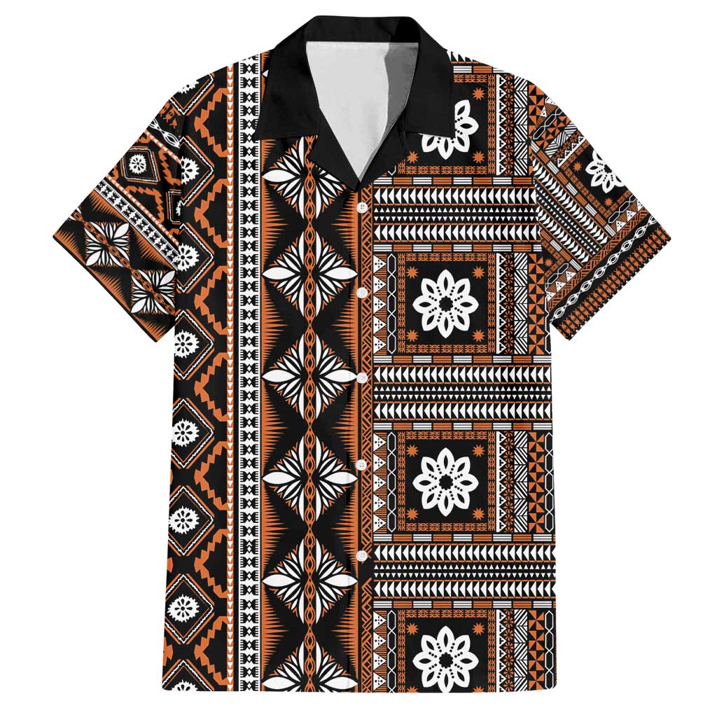 Fiji Masi Tapa Pattern Orange Family Matching Long Sleeve Bodycon Dress and Hawaiian Shirt - Polynesian Pride