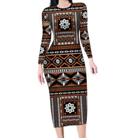 Fiji Masi Tapa Pattern Orange Family Matching Long Sleeve Bodycon Dress and Hawaiian Shirt - Polynesian Pride