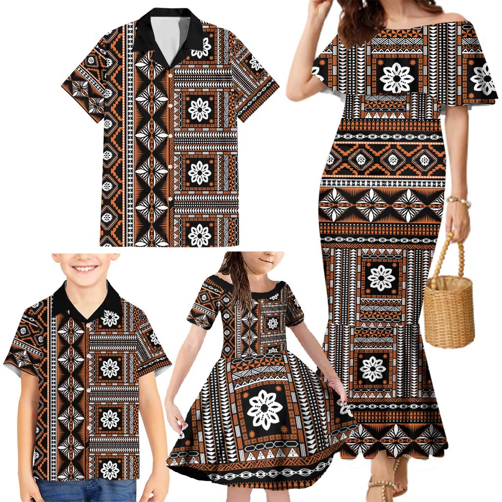 Fiji Masi Tapa Pattern Orange Family Matching Mermaid Dress and Hawaiian Shirt - Polynesian Pride